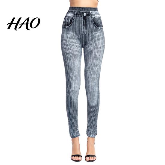 Fake Jeans Imitation Leggings Printed Super Elastic Women Faux Denim Pants High Waist Butt Lift Cropped Streetwear