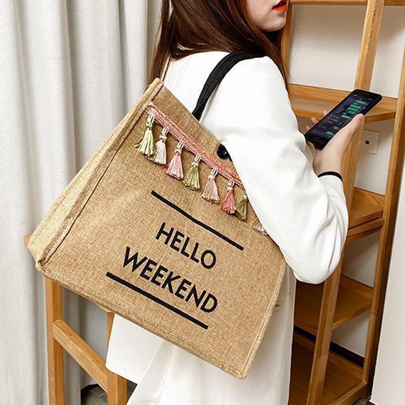Women Beach Bags Handbags Large Capacity Lady Tassel Shoulder Bag Big Letter Linen Totes Casual Girls Travel Shopping Bag