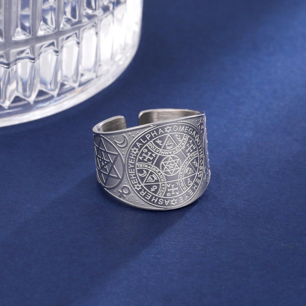 Angel Seal Open Rings Enochian Kabbalah Magic Protection Amulet Stainless Steel Hexagram Triangle Finger Ring Religious Jewelry
