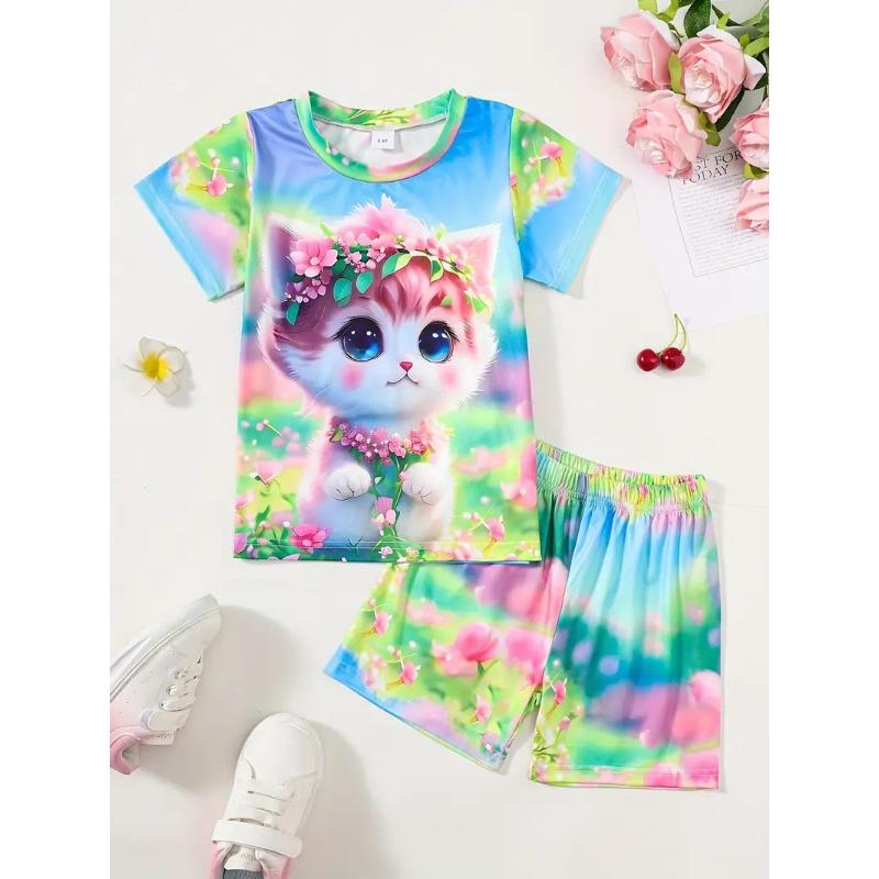 Girls' New Style Suits Short-sleeved Tops Shorts Two-piece Set Trendy Animal and Plant Prints