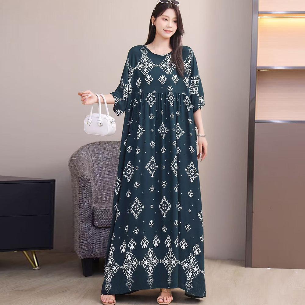 South East Asia 100kg super fat dress fat girl plus short sleeve maternity dress loose floral beach long skirt