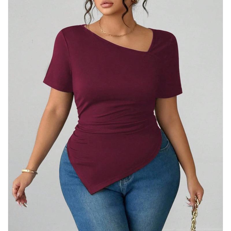 Summer New Style Oblique V-neck Fashion Slim Solid Color Simple Versatile Short-sleeved T-shirt