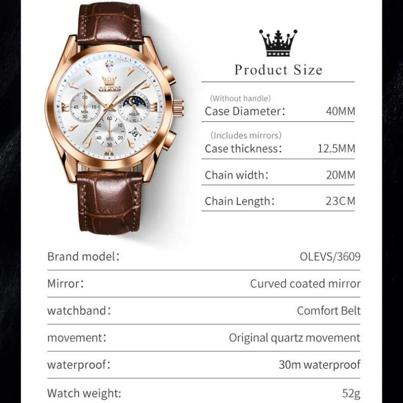 OLEVS Original Moon Phase Chronograph Man Watch Leather Strap Waterproof Luminous Luxury Brand Quartz Wrist Watches for Men