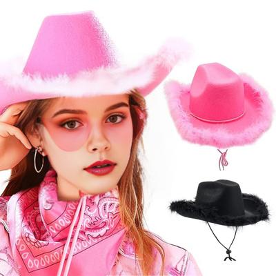 Kovbojský klobouk se šněrovací šňůrkou pod bradu, potrhaná krempa, americký westernový styl, jednobarevný