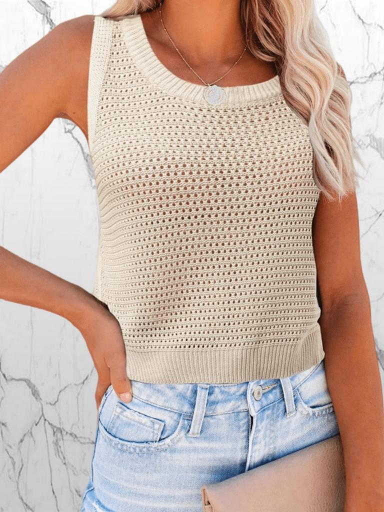 Ärmelloses gehäkeltes Tanktop für Damen Rundhalsausschnitt Ausgeschnitten Lässig Sommer Pullover