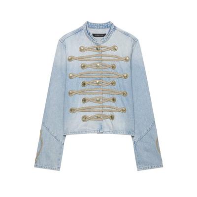 Womens Vintage Palace-Style Denim Jacket With Stand Collar Front Button 2026 Fall Collection