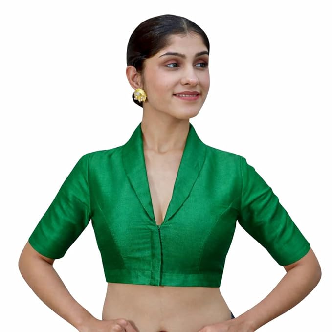 Women’s Solid Collar Neck Readymade Saree Blouse | Front Open Non Padded | Half Sleeve Art Silk Blouse