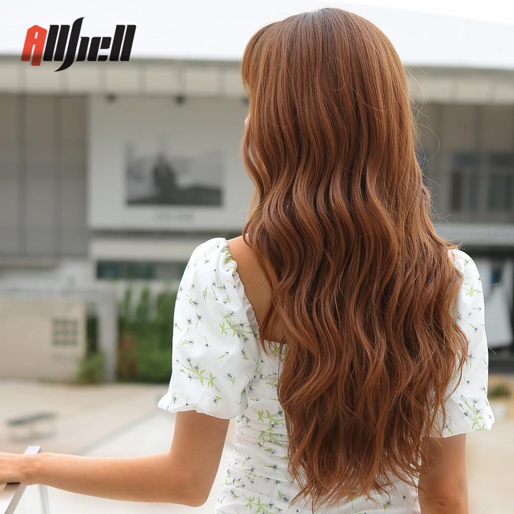 Long Wavy Black Ombre Brown Wigs With Bangs Synthetic Natural Wave Wig for Black Women Heat Resistant Fake Hair Cosplay Wig