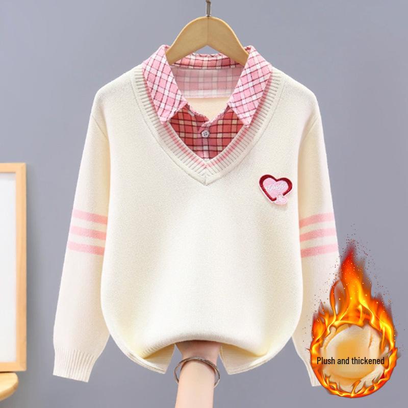 

Девочковый хлопковый свитер «два в одном» с флисовой подкладкой для весны и осени - Идеально подходит для учениц начальной школы и детей постарше 120 cm