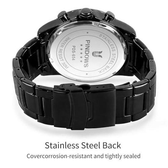 PINDOWS Mens Watch Black - Simple Stainless Steel Chronograph Business Date Display