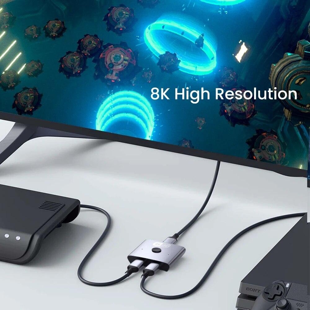 Commutateur/Répartiteur HDMI 2.1 Bidirectionnel 8K 2 entrées 1 sortie Ultra HD 4K@120Hz 8K@60Hz 48Gbps Hub HDMI en Aluminium pour PS5 Xbox