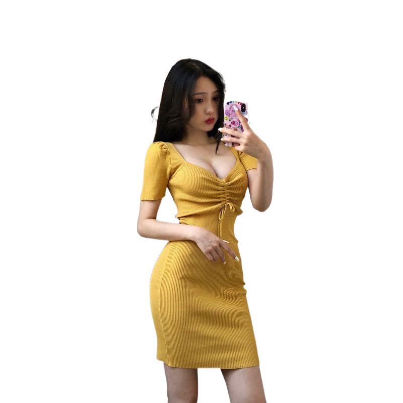 Spring Retro V-neck Lace-up Slim Bodycon A-line Knit Dress