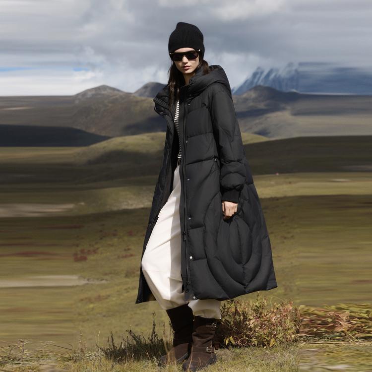 ELLE French Style 90 White Duck Down Basic High Fill Warm Casual Loose Versatile Long Sleeve Hooded Puffer Coat Long Down Jacket EY52128