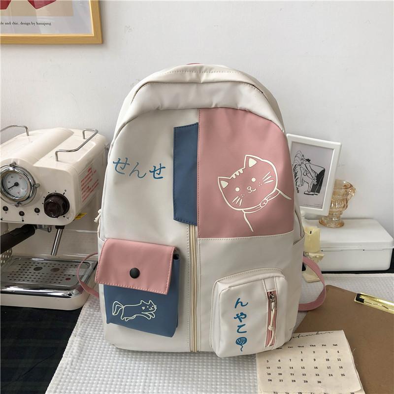 Cute Cartoon Cat Nylon Waterproof Backpack Large Capacity School Bag For Girls Junior High Students Travel Rucksack