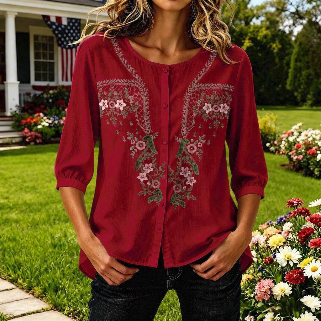 Women's Artistic Loose Fit Embroidered Mid Sleeve Blouse for Tea and Daily Wear