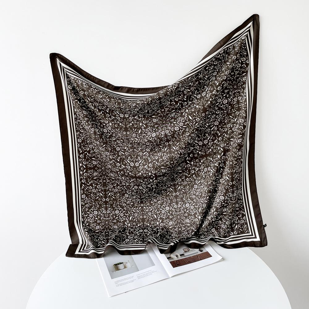 New high-end 90cm twill silk scarf women s small floral large square scarf new black foreign trade headscarf shawl