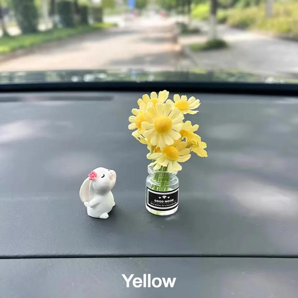1Pc Cute Creative Bunny Daisies Car Widgets Desktop Cartoon Animal Decoration Micro-Landscape Diy Home Decor