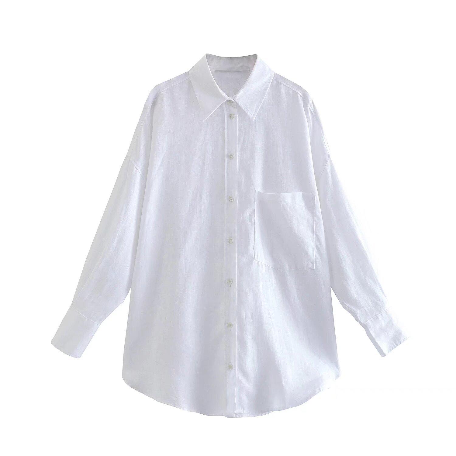 

Женская льняная рубашка-поло свободного кроя в европейском и американском стиле с длинным рукавом - Повседневная, модная, стройнящая и защищающая от солнца. Extra Small