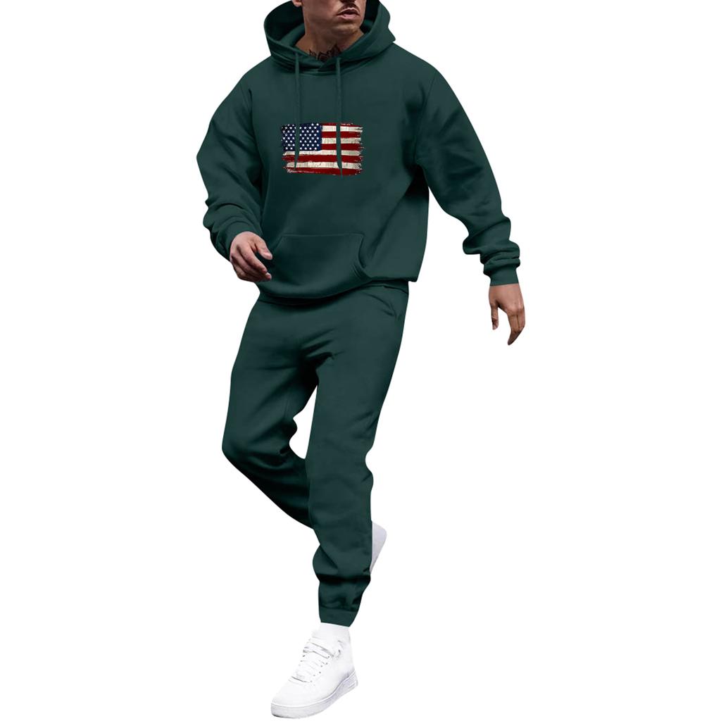 Men's Solid Color Flag Print Hooded Universal Versatile Hooded Sweatshirt Sweatpants Casual Sports Suit