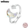 WOSTU 925 Sterling Silver Moon Star Open Ring For Women Rainbow Moonstone Zircon Adjustable Rings Lovely Party Jewelry Gift New