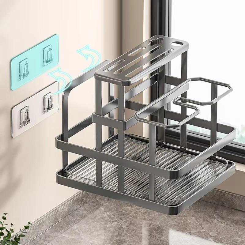 Wall Mounted Kitchen Organizer Knife Rack Cutlery Organizer  Spoon Fork Chopstick Drain With Drain Tray  Board Drain Shelf