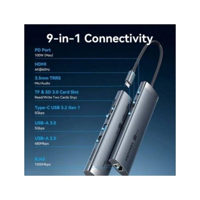 Hub USB-C - VENTION - TGVHB - 9 ports - HDMI 4K - Ethernet