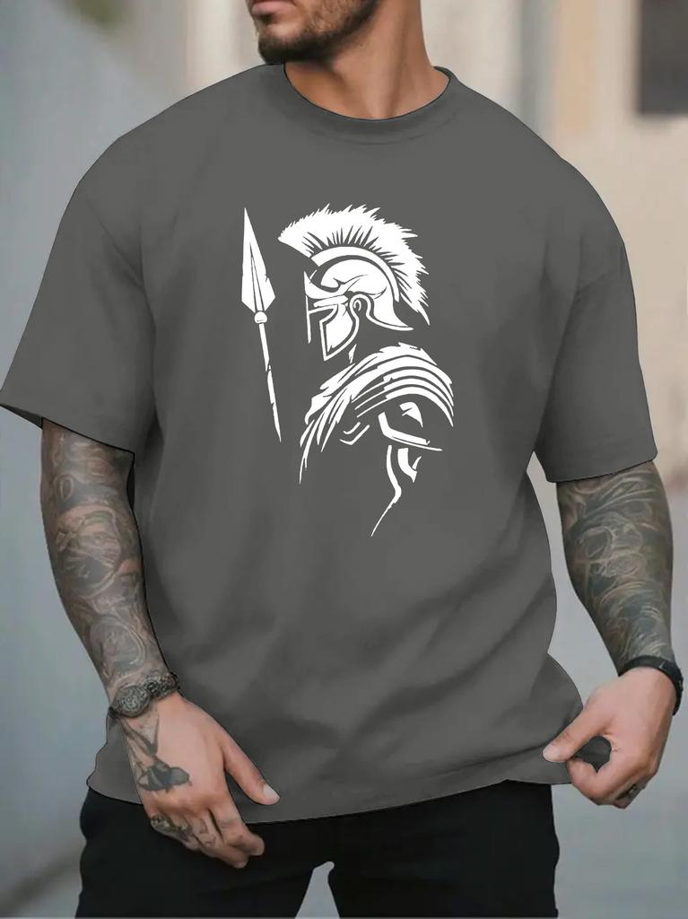 Unisex Black Crew Neck Tee White Spartan Warrior Silhouette Spear And Helmet Ancient Greek Fighter Graphic Casual Cotton Tops