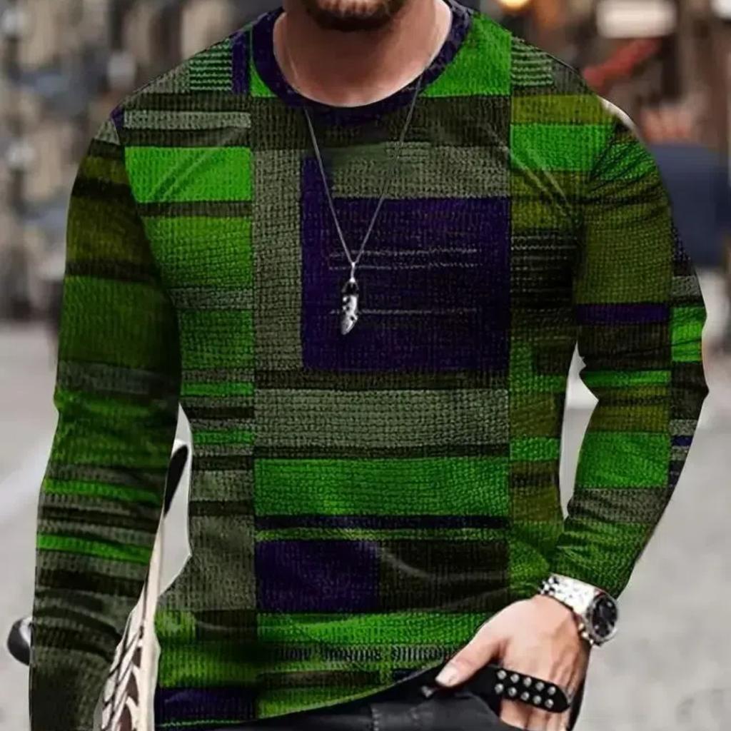 2024 Vintage Men's T-Shirt Color Block Long Sleeve 3D Clothing Print Harajuku Oversized Tops Men's Outdoor Jogging T-Shirt Tops