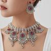 Exaggerated Indian-Style Rhinestone Tassel Necklace & Retro Ethnic Earrings Set