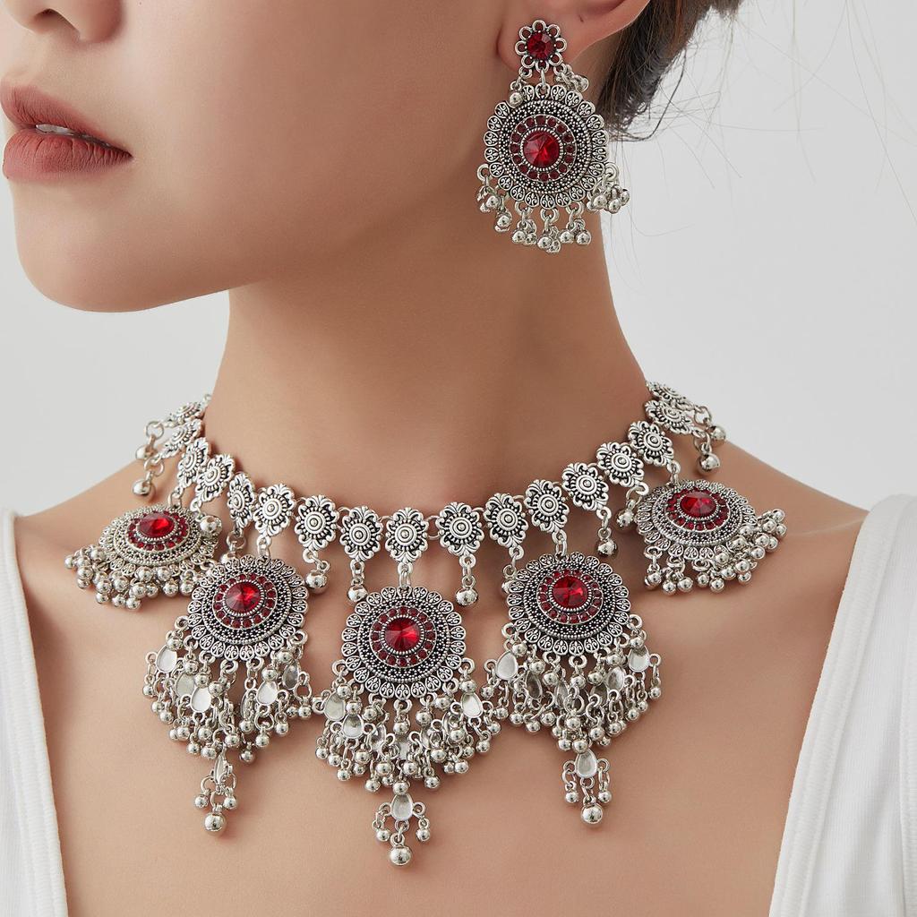 Exaggerated Indian-Style Rhinestone Tassel Necklace & Retro Ethnic Earrings Set