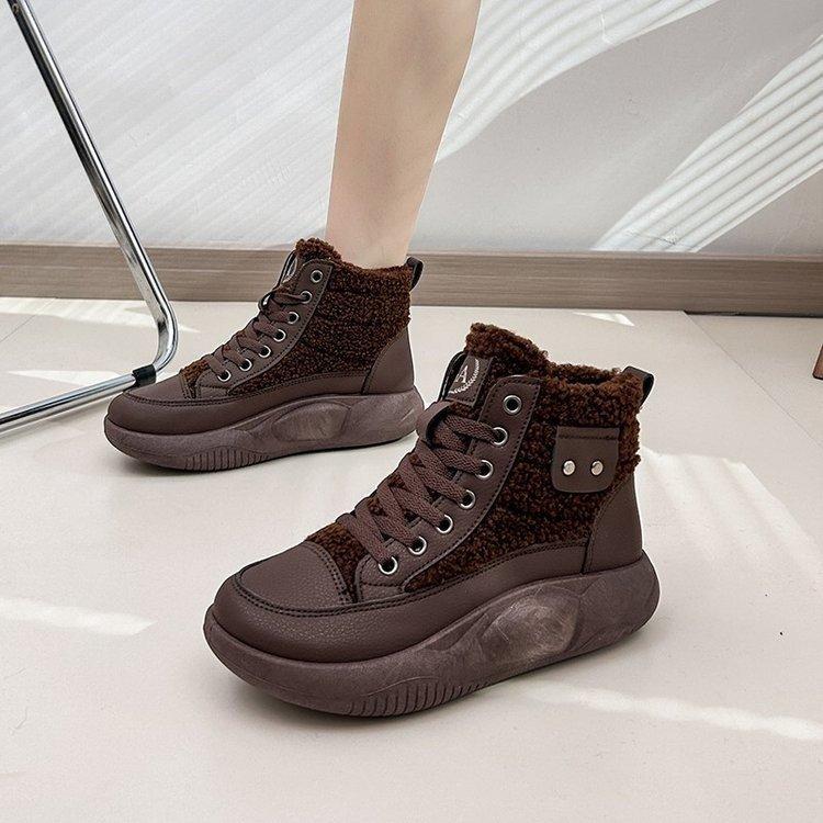 

Fleece high-top little white shoes for women s 2024 winter new student ins Korean version of warm casual height-increasing cotton shoes 35 чёрный
