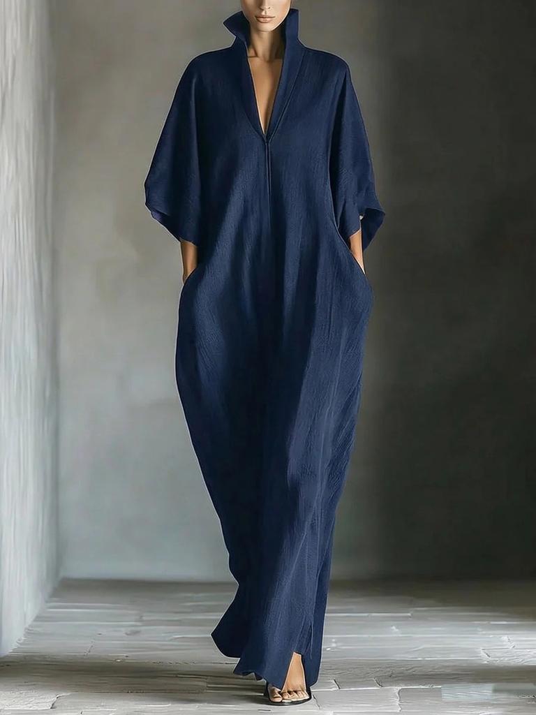 Women's 3/4 Sleeve Stand Collar Robe with Front Zipper Slit Hem Loose Fit Ankle Length Duster Multi Colors