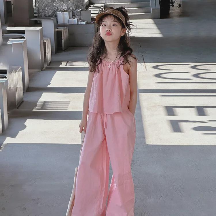 

Летний комплект из двух частей для девочек: Топ на подтяжках и широкие брюки — легкий корейский стиль 130 cm