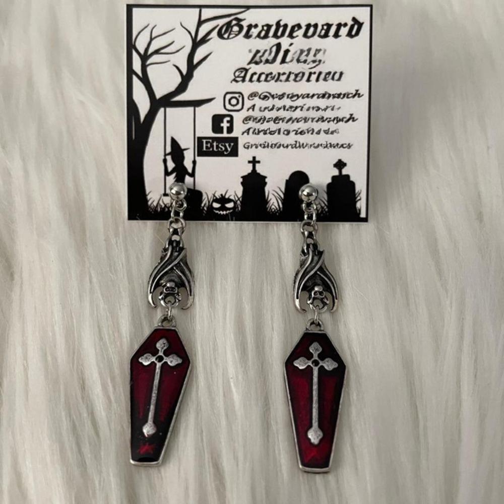 Gothic Sliver Color Vampire Bat Cross Red Drip Glaze Coffin Dangle Earrings for Men Women Halloween Party Jewelry Accessories