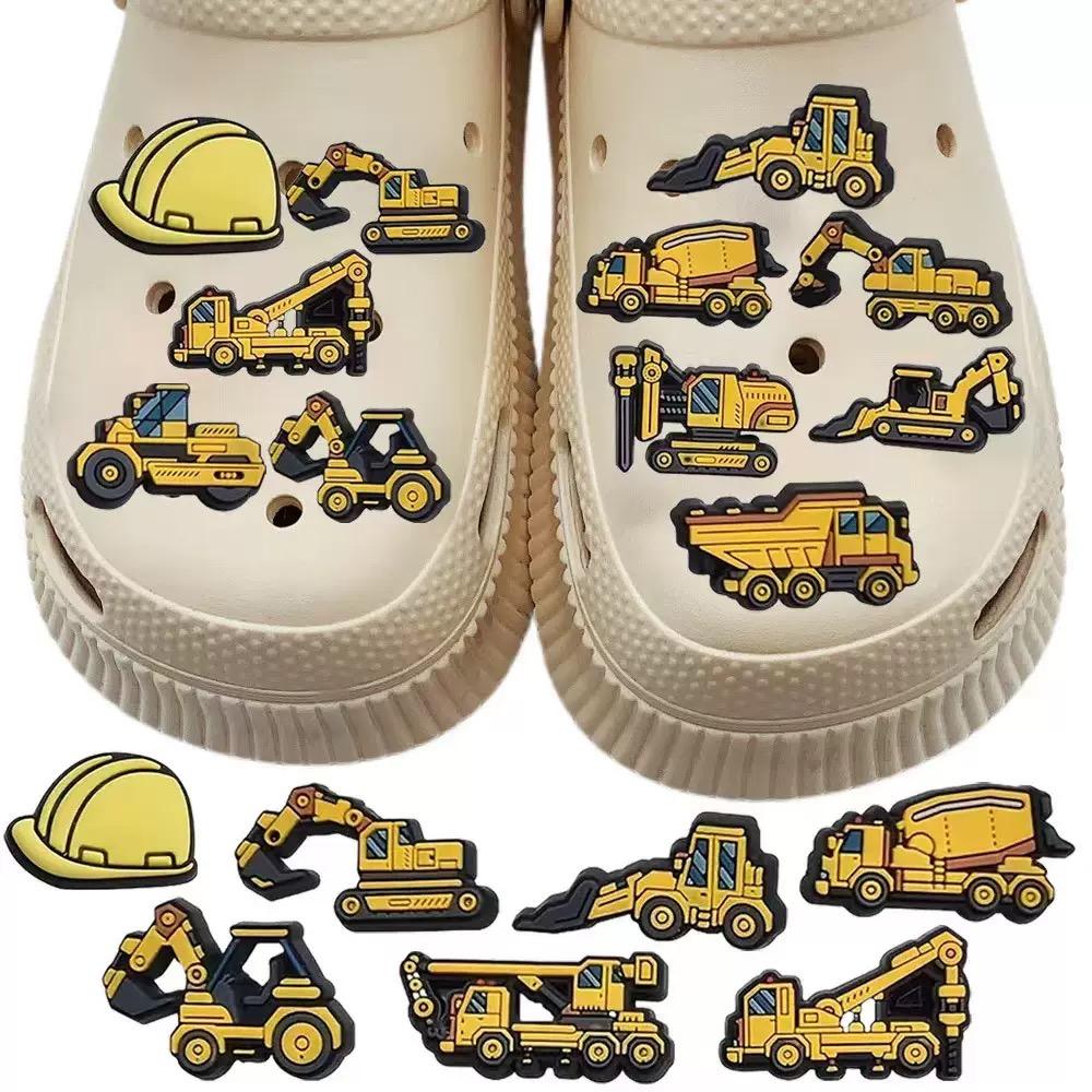 9-12pcs Construction Truck Shoe Charms Car Shoes Accessories Decoration Buckle Fit Clog Sandal Wristbands For Christmas Birthday
