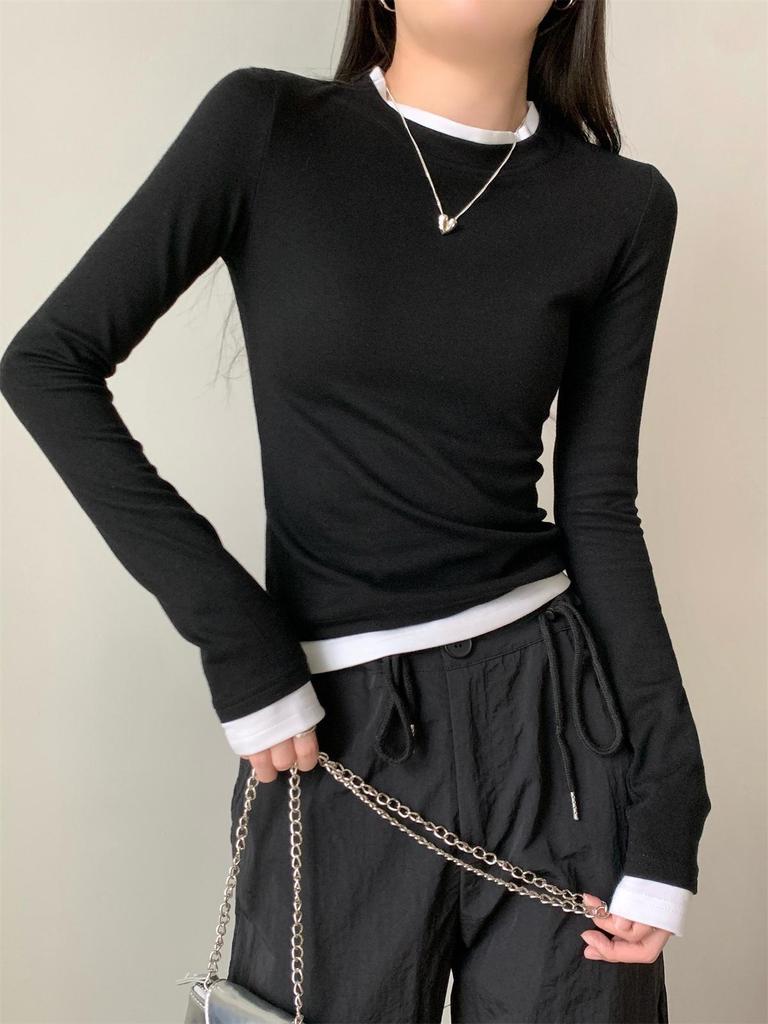Women's Two-Piece Look Slim Fit Long-Sleeve T-Shirt - New for Early Autumn 2024, Round Neck Versatile Pullover Top.
