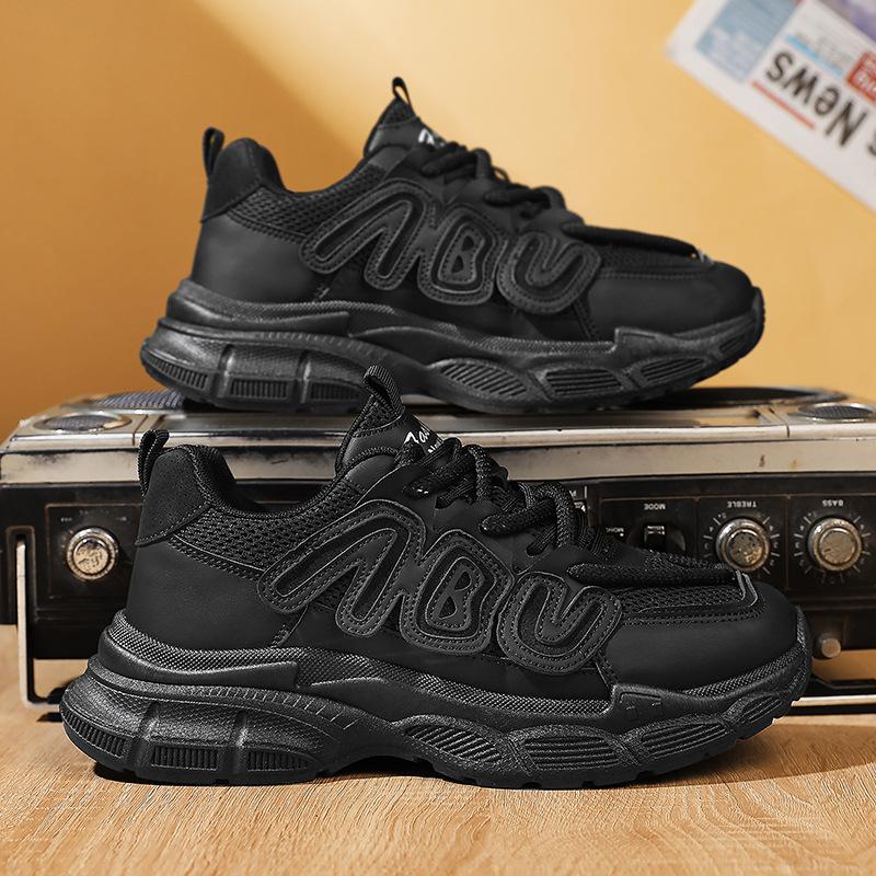 Black dad shoes men's autumn new casual sports shoes low-top thick-soled heightening men's shoes simple solid color