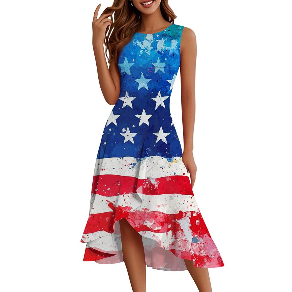 Women's Fashion Casual Zip Sleeveless Round Neck Independence Day Printed Elegant Temperament Ruffles Dress Dresses