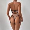 Olayna Sexy Mesh & PU Leather Halter Neck Peach Bodysuit