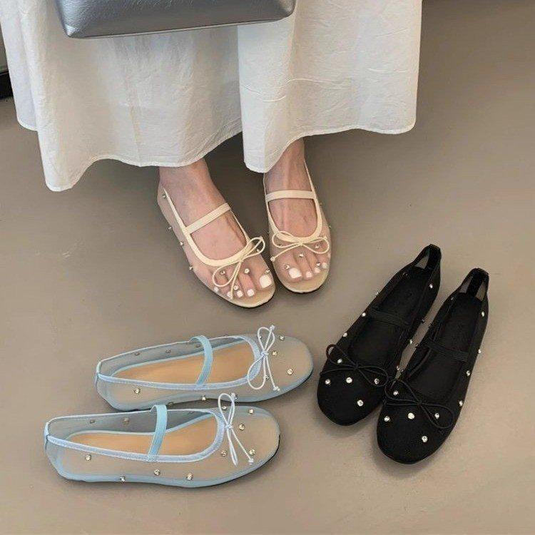 Bow fashion princess shoes soft sole with temperament one word mesh round head rhinestone sweet shallow mouth single shoes flat shoes