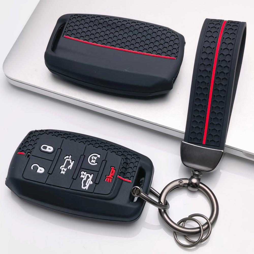 Silicone Key Fob Cover with keychain for Dodge Durango Challenger Charger Chrysler 300 for Jeep Grand Cherokee Grand Wagoneer Protective Case Fits 6