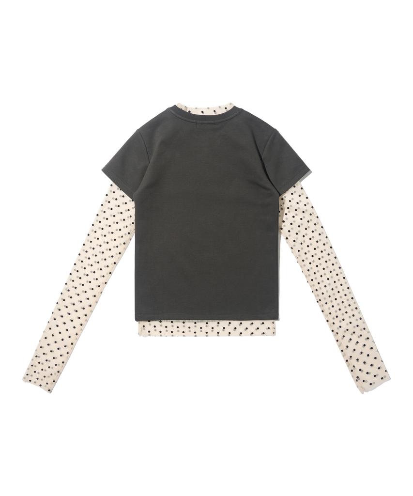 CARGOBROS FOR WOMAN Dot See-Through Long Sleeve Layered Casual Short Sleeve Tee Set (Ivory/Charcoal)