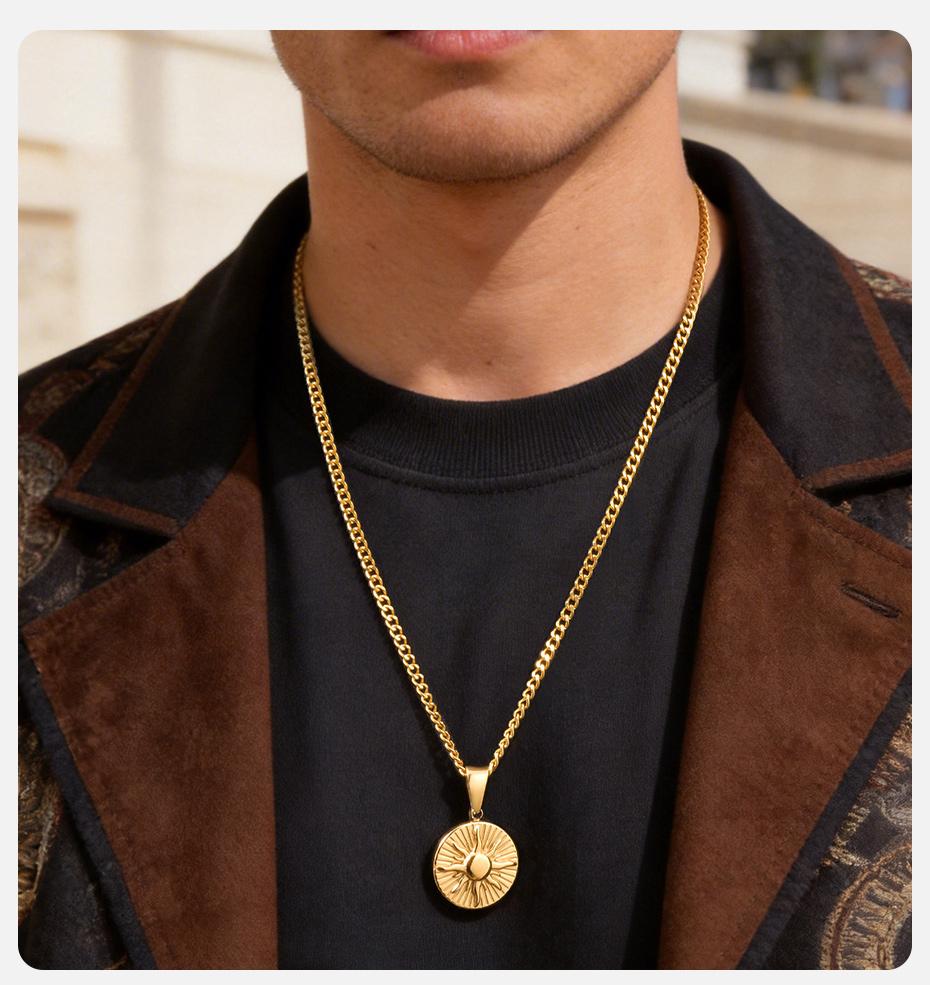 Vnox Sunburst Pendant Necklace for Men, Gold Plated Gray Stainless Steel Link Chain, Trendy Jewelry Gift for Husband Son Dad