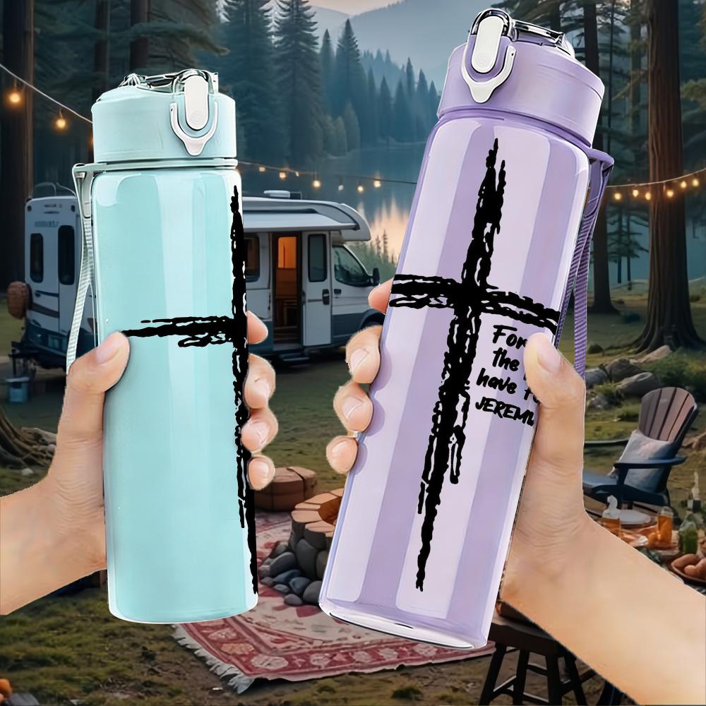 1 Pezzo Croce di Legno con Versetto Biblico 750ml Borraccia Sportiva in Plastica Colorata Tappo Flip-Top Ermetico Adatta per Sport Ufficio Uso Domestico