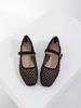Women's Black Square Toe Ballet Mary Jane Flats with Cross Pattern Embroidery Detail and Black Buckle Strap