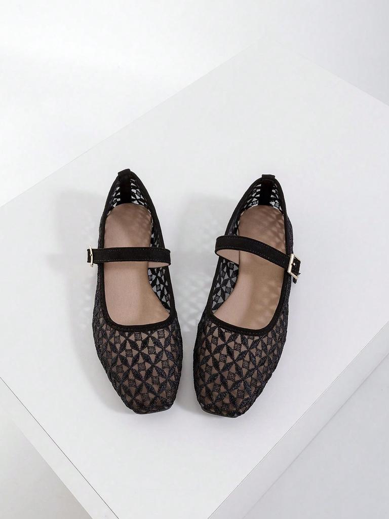 Women's Black Square Toe Ballet Mary Jane Flats with Cross Pattern Embroidery Detail and Black Buckle Strap