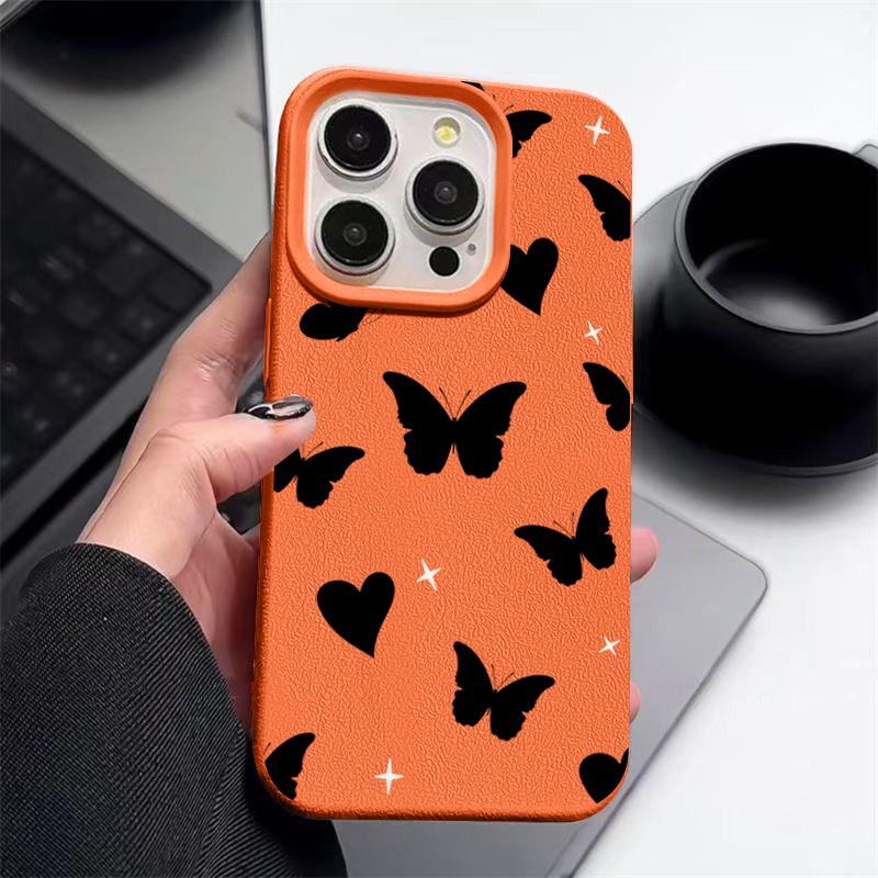 Coque Mate Motif Papillons Cœurs d'Amour Pour iPhone 16 Pro 15 Pro Max 14 13 12 11 TPU Texture Cuir Antichoc Douce Fine Housse de Téléphone