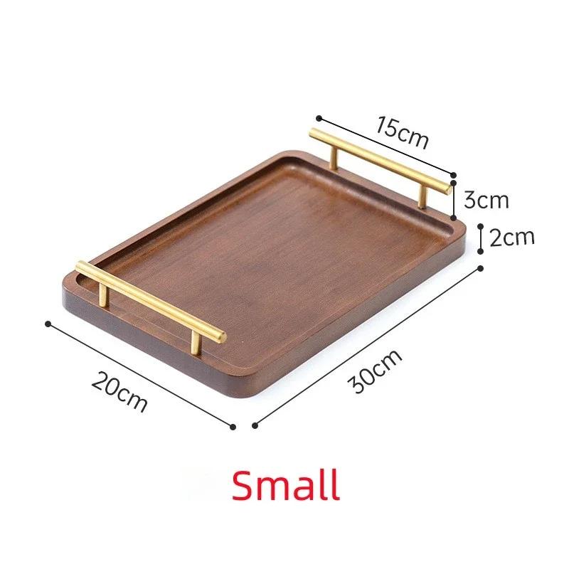 Rectangle Bamboo Tray with Golden Metal Handle for Water Cup Fruit Food Bread Dim Sum Sundries Serving Tray Household Organizers