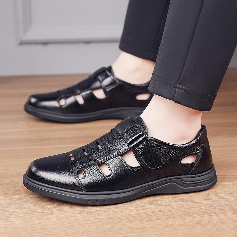 First Layer Cowhide Sandals Men'S Leather Hole Leather Shoes Hollow Breathable Dad Shoes Bag Head Leather Sandals