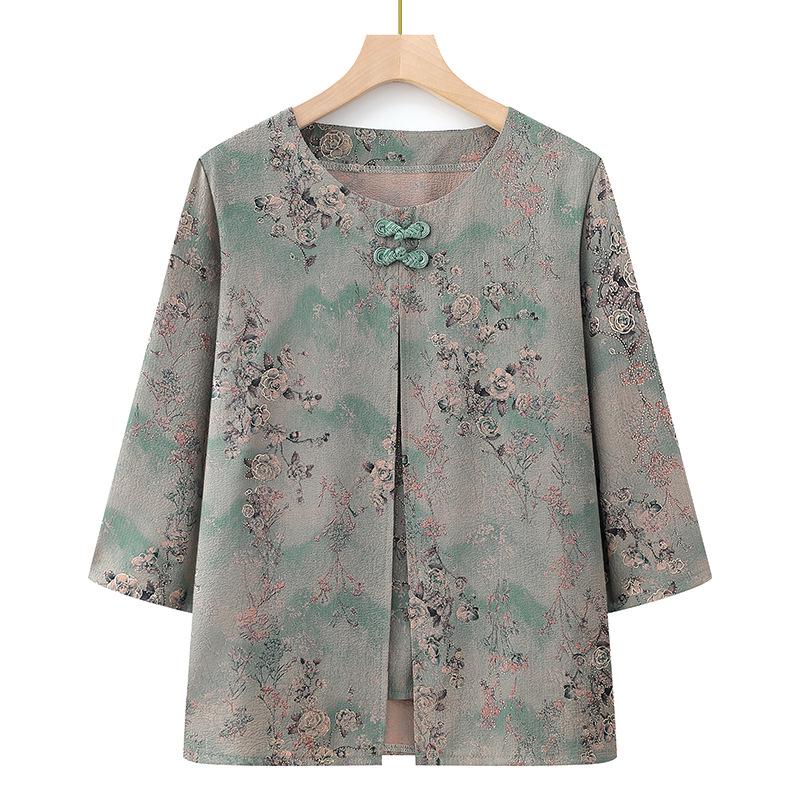 

Chinese Style Plus Size Summer Blouse for Middle-Aged & Elderly Women: Mid-Sleeve & Two-Piece Look XL (Up to 50 kg) зелений